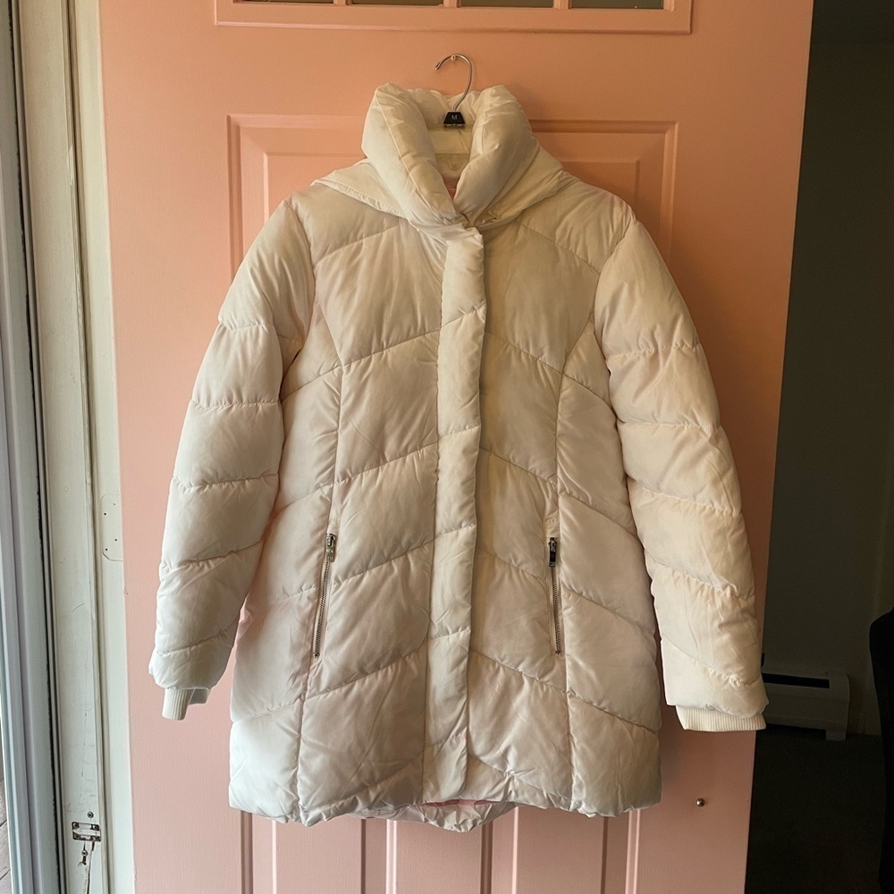 Steven Madden White Puffer Jacket With High Collar And Removable Hood-Size Large